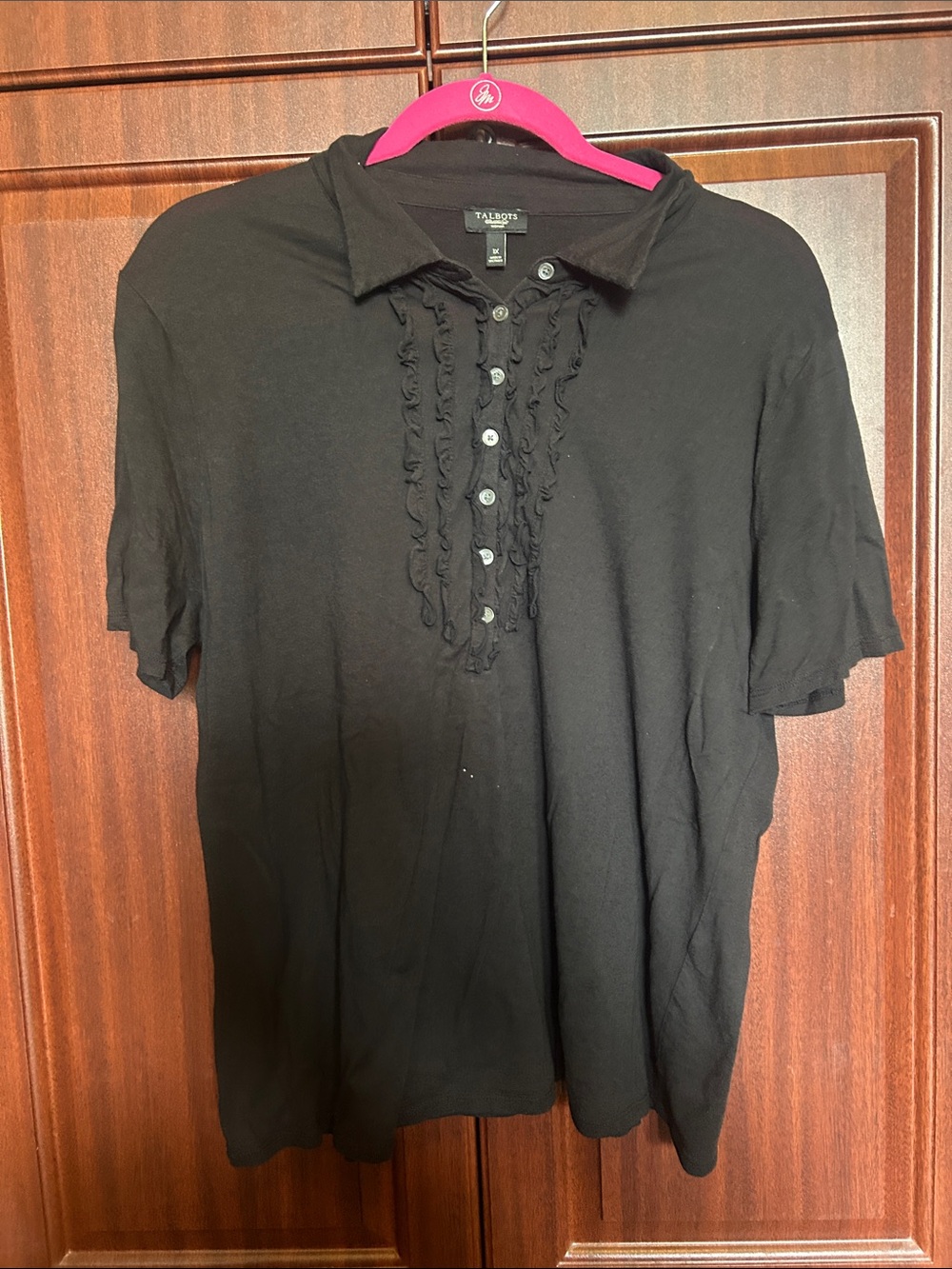 Talbots Black Short-Sleeve Polo with Ruffle Button Placket